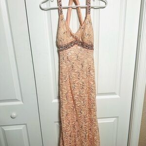 My Michelle Peach Lace Prom Gown with Beaded Waist and Straps